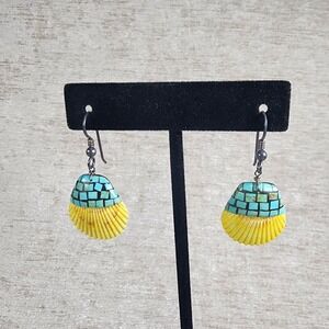 Silver Wire Spiny Oyster Shell Turquoise Onyx Inlay Earrings Native American